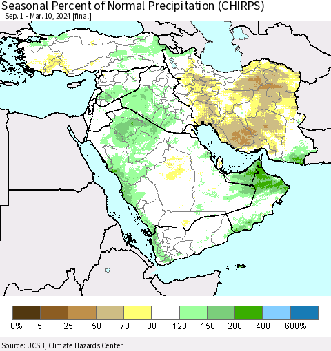Middle East and Turkey Seasonal Percent of Normal Precipitation (CHIRPS) Thematic Map For 9/1/2023 - 3/10/2024