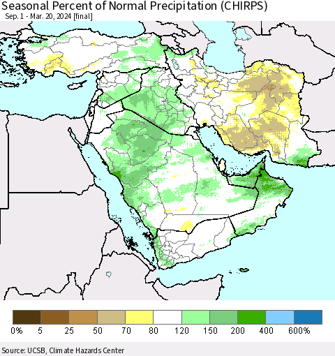 Middle East and Turkey Seasonal Percent of Normal Precipitation (CHIRPS) Thematic Map For 9/1/2023 - 3/20/2024