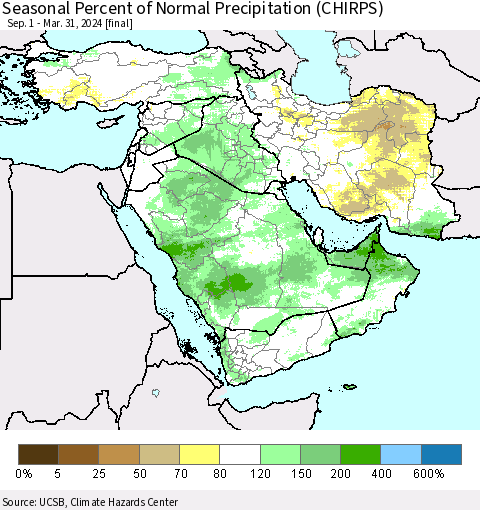 Middle East and Turkey Seasonal Percent of Normal Precipitation (CHIRPS) Thematic Map For 9/1/2023 - 3/31/2024