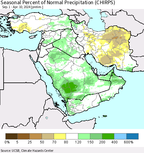Middle East and Turkey Seasonal Percent of Normal Precipitation (CHIRPS) Thematic Map For 9/1/2023 - 4/10/2024