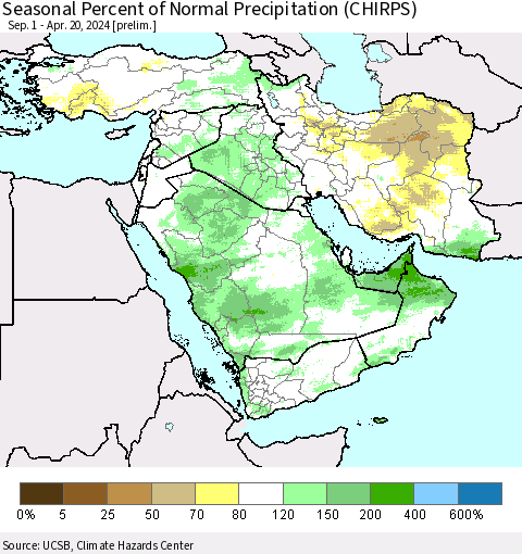 Middle East and Turkey Seasonal Percent of Normal Precipitation (CHIRPS) Thematic Map For 9/1/2023 - 4/20/2024