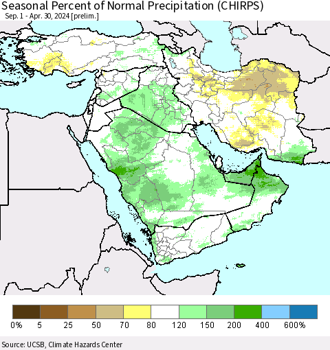 Middle East and Turkey Seasonal Percent of Normal Precipitation (CHIRPS) Thematic Map For 9/1/2023 - 4/30/2024