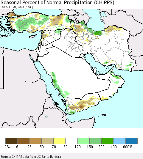 Middle East and Turkey Seasonal Percent of Normal Precipitation (CHIRPS) Thematic Map For 9/1/2023 - 9/20/2023