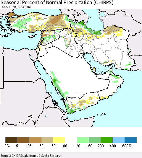 Middle East and Turkey Seasonal Percent of Normal Precipitation (CHIRPS) Thematic Map For 9/1/2023 - 9/30/2023