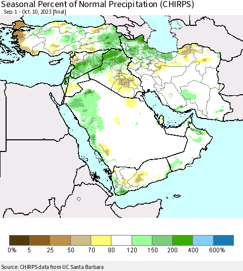 Middle East and Turkey Seasonal Percent of Normal Precipitation (CHIRPS) Thematic Map For 9/1/2023 - 10/10/2023