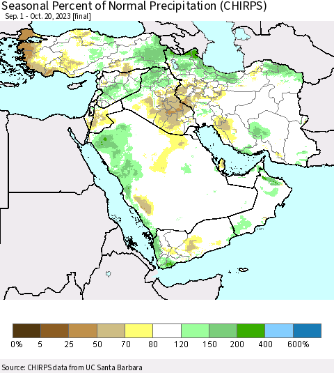 Middle East and Turkey Seasonal Percent of Normal Precipitation (CHIRPS) Thematic Map For 9/1/2023 - 10/20/2023
