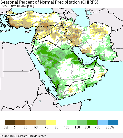 Middle East and Turkey Seasonal Percent of Normal Precipitation (CHIRPS) Thematic Map For 9/1/2023 - 11/10/2023
