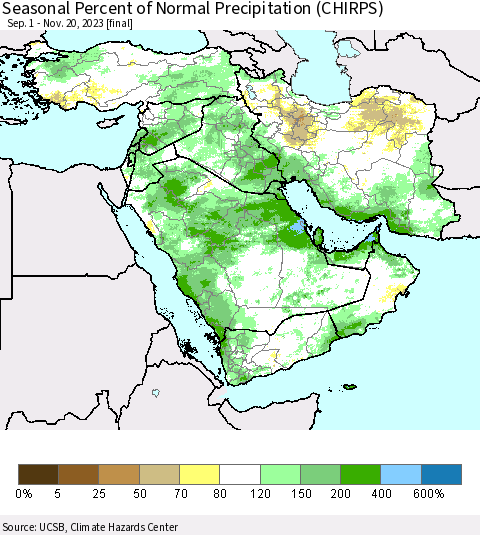Middle East and Turkey Seasonal Percent of Normal Precipitation (CHIRPS) Thematic Map For 9/1/2023 - 11/20/2023