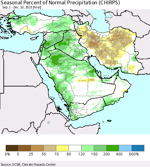 Middle East and Turkey Seasonal Percent of Normal Precipitation (CHIRPS) Thematic Map For 9/1/2023 - 12/10/2023