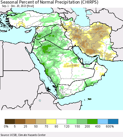 Middle East and Turkey Seasonal Percent of Normal Precipitation (CHIRPS) Thematic Map For 9/1/2023 - 12/20/2023