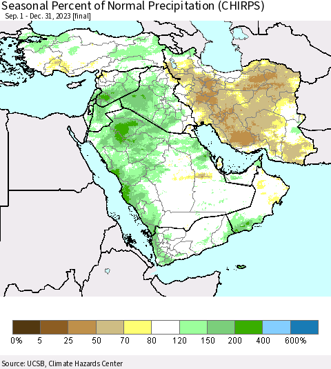 Middle East and Turkey Seasonal Percent of Normal Precipitation (CHIRPS) Thematic Map For 9/1/2023 - 12/31/2023