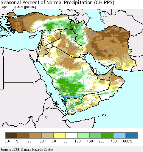 Middle East and Turkey Seasonal Percent of Normal Precipitation (CHIRPS) Thematic Map For 4/1/2024 - 4/10/2024