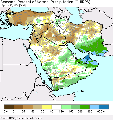 Middle East and Turkey Seasonal Percent of Normal Precipitation (CHIRPS) Thematic Map For 4/1/2024 - 4/20/2024
