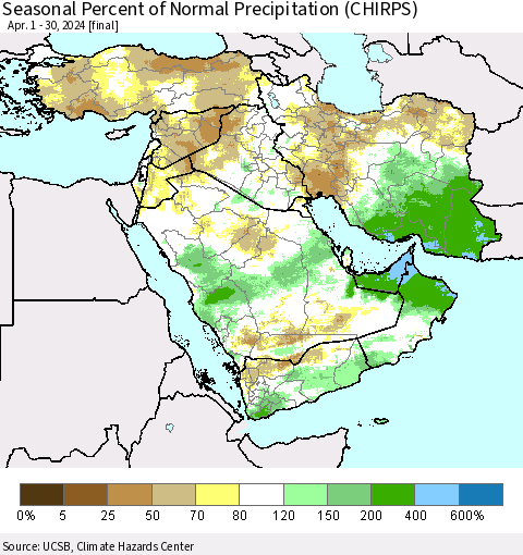 Middle East and Turkey Seasonal Percent of Normal Precipitation (CHIRPS) Thematic Map For 4/1/2024 - 4/30/2024