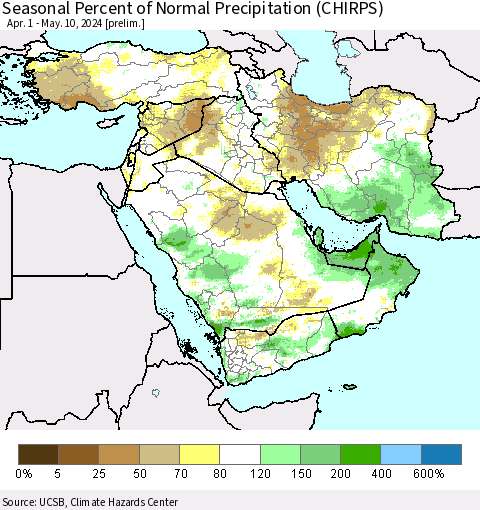 Middle East and Turkey Seasonal Percent of Normal Precipitation (CHIRPS) Thematic Map For 4/1/2024 - 5/10/2024