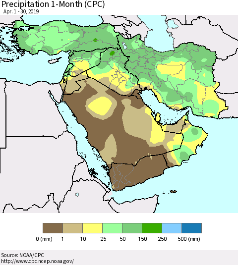 Middle East and Turkey Precipitation 1-Month (CPC) Thematic Map For 4/1/2019 - 4/30/2019