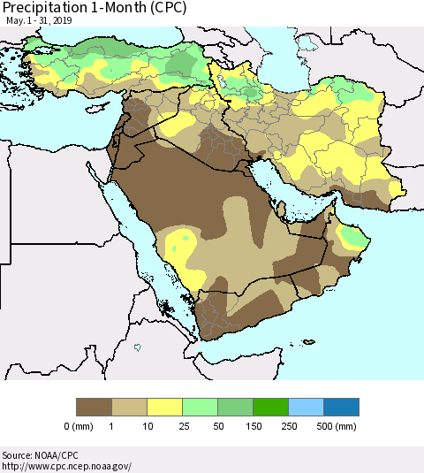 Middle East and Turkey Precipitation 1-Month (CPC) Thematic Map For 5/1/2019 - 5/31/2019