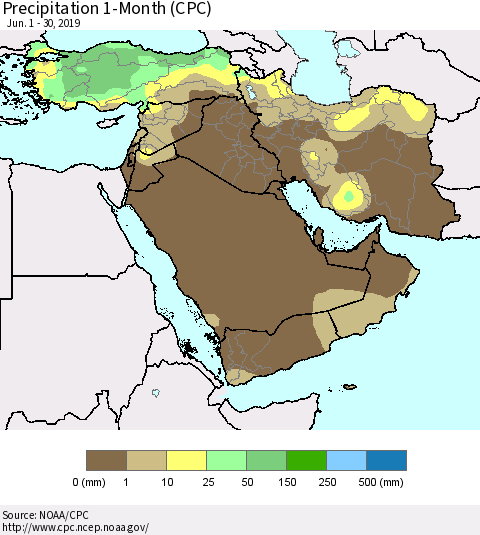 Middle East and Turkey Precipitation 1-Month (CPC) Thematic Map For 6/1/2019 - 6/30/2019