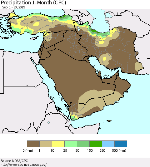 Middle East and Turkey Precipitation 1-Month (CPC) Thematic Map For 9/1/2019 - 9/30/2019