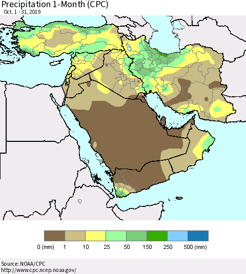 Middle East and Turkey Precipitation 1-Month (CPC) Thematic Map For 10/1/2019 - 10/31/2019