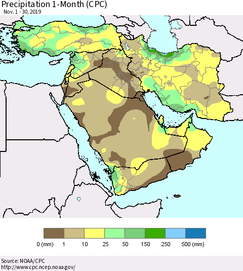 Middle East and Turkey Precipitation 1-Month (CPC) Thematic Map For 11/1/2019 - 11/30/2019