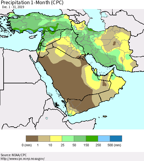 Middle East and Turkey Precipitation 1-Month (CPC) Thematic Map For 12/1/2019 - 12/31/2019