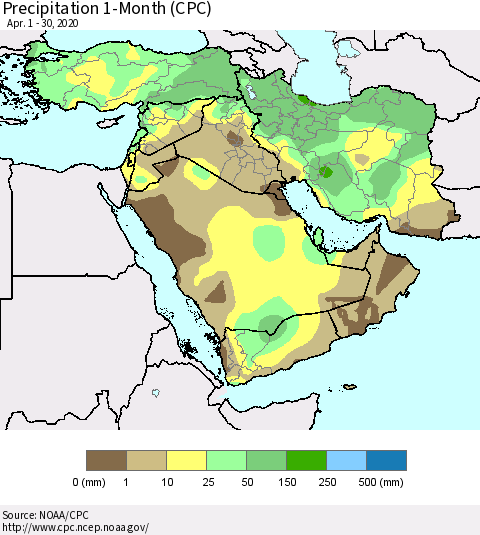 Middle East and Turkey Precipitation 1-Month (CPC) Thematic Map For 4/1/2020 - 4/30/2020