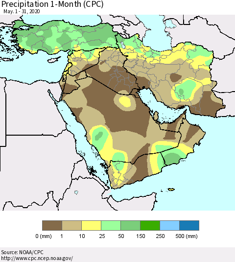 Middle East and Turkey Precipitation 1-Month (CPC) Thematic Map For 5/1/2020 - 5/31/2020
