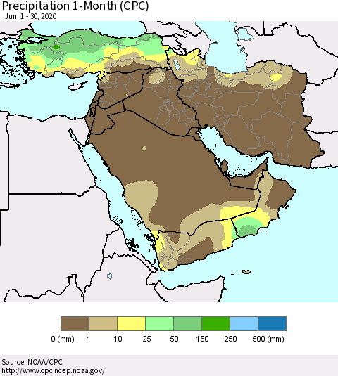 Middle East and Turkey Precipitation 1-Month (CPC) Thematic Map For 6/1/2020 - 6/30/2020