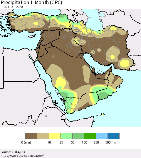 Middle East and Turkey Precipitation 1-Month (CPC) Thematic Map For 7/1/2020 - 7/31/2020