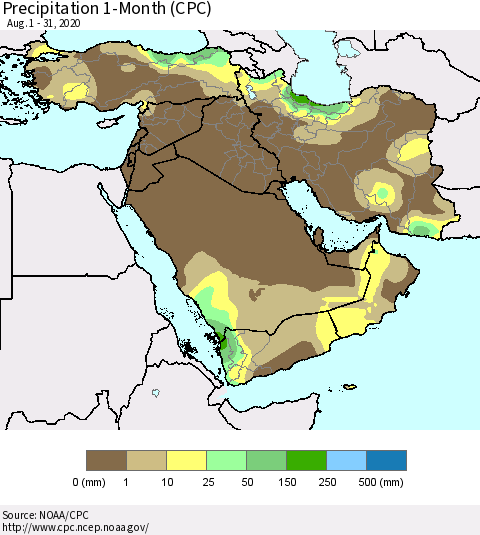Middle East and Turkey Precipitation 1-Month (CPC) Thematic Map For 8/1/2020 - 8/31/2020