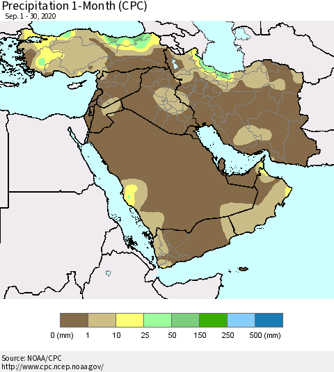 Middle East and Turkey Precipitation 1-Month (CPC) Thematic Map For 9/1/2020 - 9/30/2020