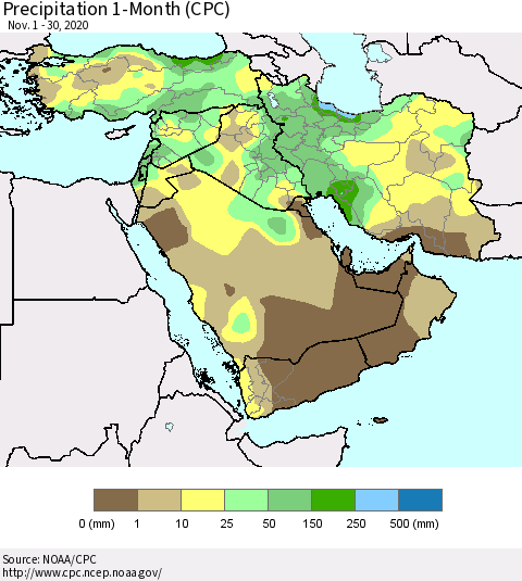 Middle East and Turkey Precipitation 1-Month (CPC) Thematic Map For 11/1/2020 - 11/30/2020