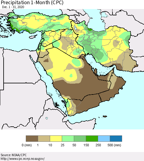 Middle East and Turkey Precipitation 1-Month (CPC) Thematic Map For 12/1/2020 - 12/31/2020