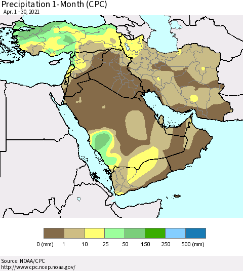Middle East and Turkey Precipitation 1-Month (CPC) Thematic Map For 4/1/2021 - 4/30/2021