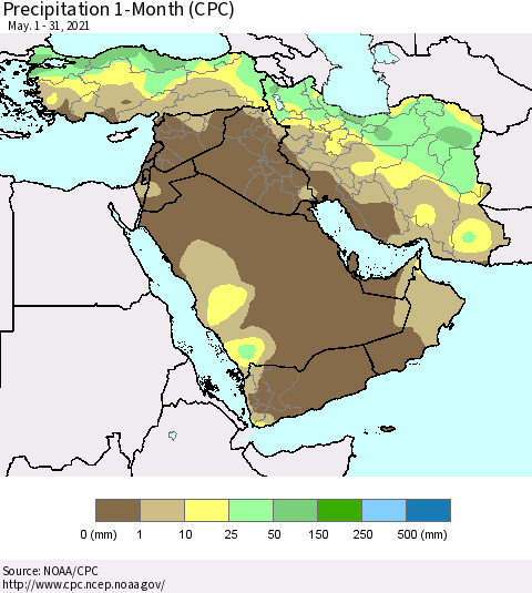 Middle East and Turkey Precipitation 1-Month (CPC) Thematic Map For 5/1/2021 - 5/31/2021