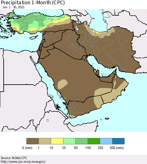 Middle East and Turkey Precipitation 1-Month (CPC) Thematic Map For 6/1/2021 - 6/30/2021