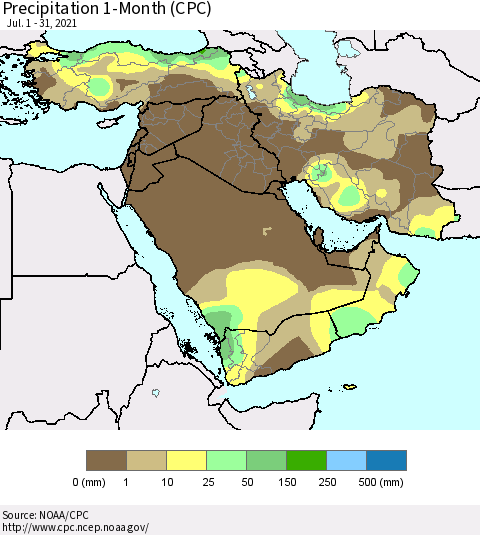 Middle East and Turkey Precipitation 1-Month (CPC) Thematic Map For 7/1/2021 - 7/31/2021