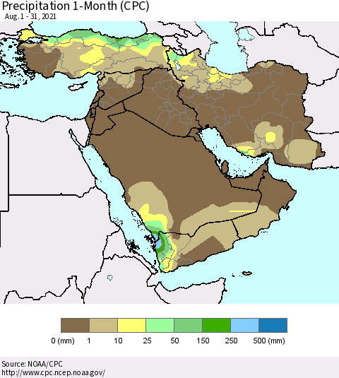 Middle East and Turkey Precipitation 1-Month (CPC) Thematic Map For 8/1/2021 - 8/31/2021
