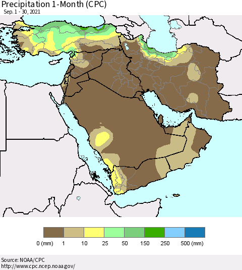 Middle East and Turkey Precipitation 1-Month (CPC) Thematic Map For 9/1/2021 - 9/30/2021