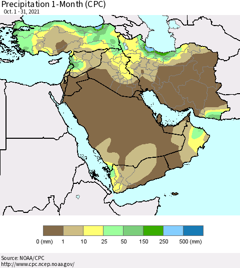 Middle East and Turkey Precipitation 1-Month (CPC) Thematic Map For 10/1/2021 - 10/31/2021