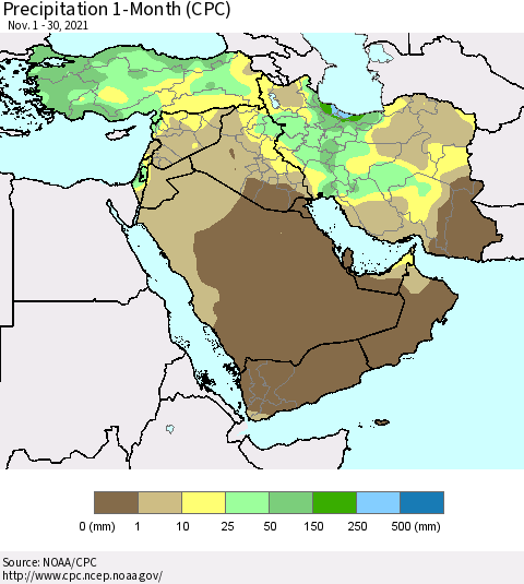 Middle East and Turkey Precipitation 1-Month (CPC) Thematic Map For 11/1/2021 - 11/30/2021