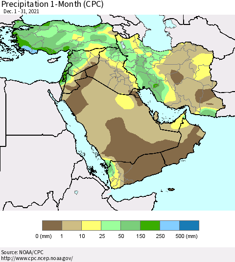 Middle East and Turkey Precipitation 1-Month (CPC) Thematic Map For 12/1/2021 - 12/31/2021