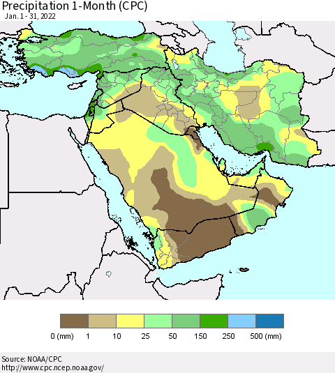 Middle East and Turkey Precipitation 1-Month (CPC) Thematic Map For 1/1/2022 - 1/31/2022
