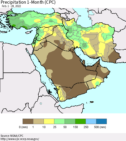 Middle East and Turkey Precipitation 1-Month (CPC) Thematic Map For 2/1/2022 - 2/28/2022