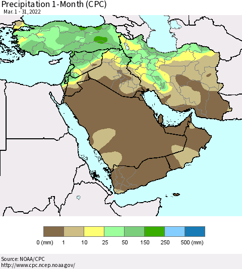 Middle East and Turkey Precipitation 1-Month (CPC) Thematic Map For 3/1/2022 - 3/31/2022