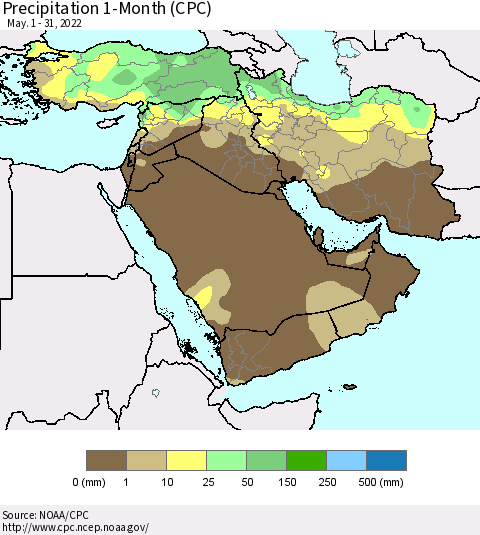 Middle East and Turkey Precipitation 1-Month (CPC) Thematic Map For 5/1/2022 - 5/31/2022