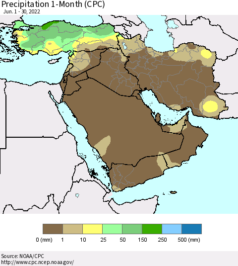 Middle East and Turkey Precipitation 1-Month (CPC) Thematic Map For 6/1/2022 - 6/30/2022