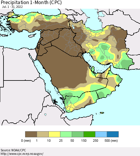 Middle East and Turkey Precipitation 1-Month (CPC) Thematic Map For 7/1/2022 - 7/31/2022
