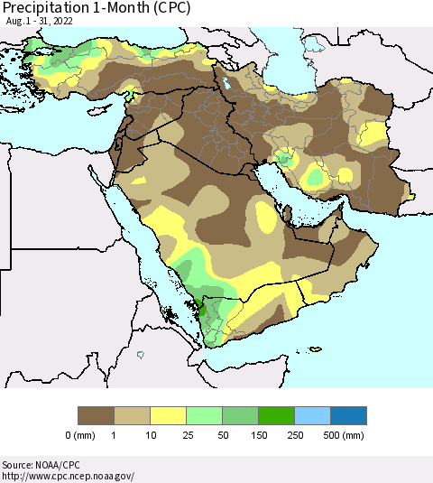 Middle East and Turkey Precipitation 1-Month (CPC) Thematic Map For 8/1/2022 - 8/31/2022